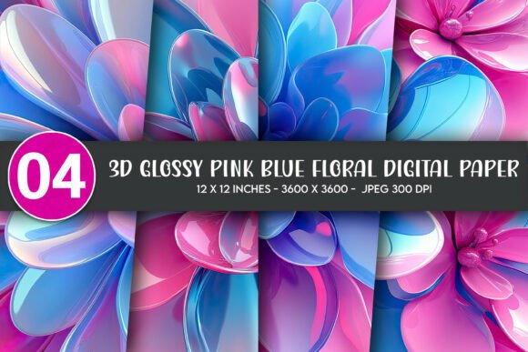 3D Glossy Pink Blue Floral Digital Paper