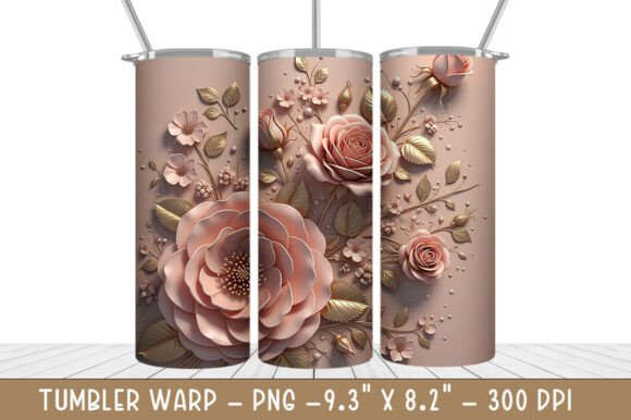 3D Pink Gold Flowers Tumbler Wrap Design