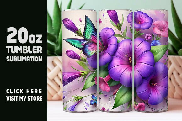 3D Purple Flowers Butterfly Tumbler Wrap
