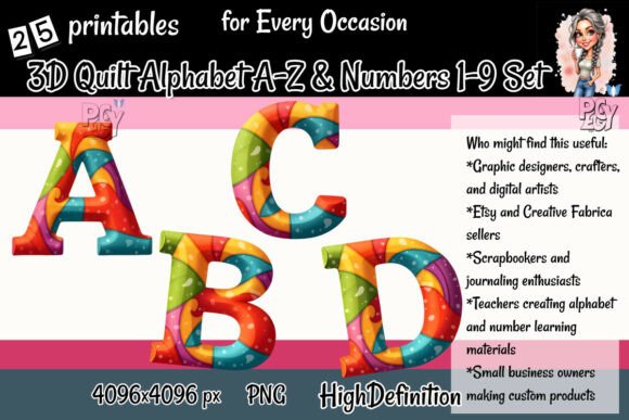 3D Quilt Alphabet A-Z Numbers 1-9 Set
