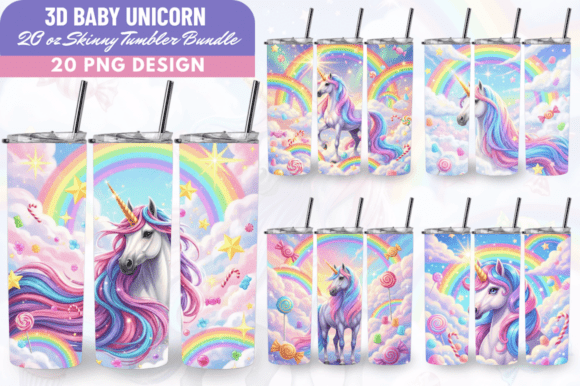 3D Unicorn Tumbler Wrap 20oz PNG Bundle