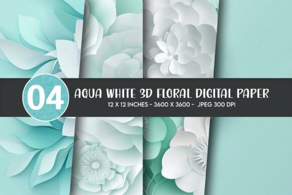 Aqua White 3D Floral Digital Paper