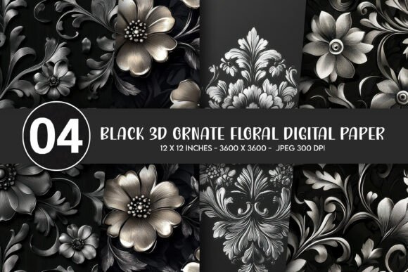 Elevating Design with Black 3D Ornate Floral Digital Paper